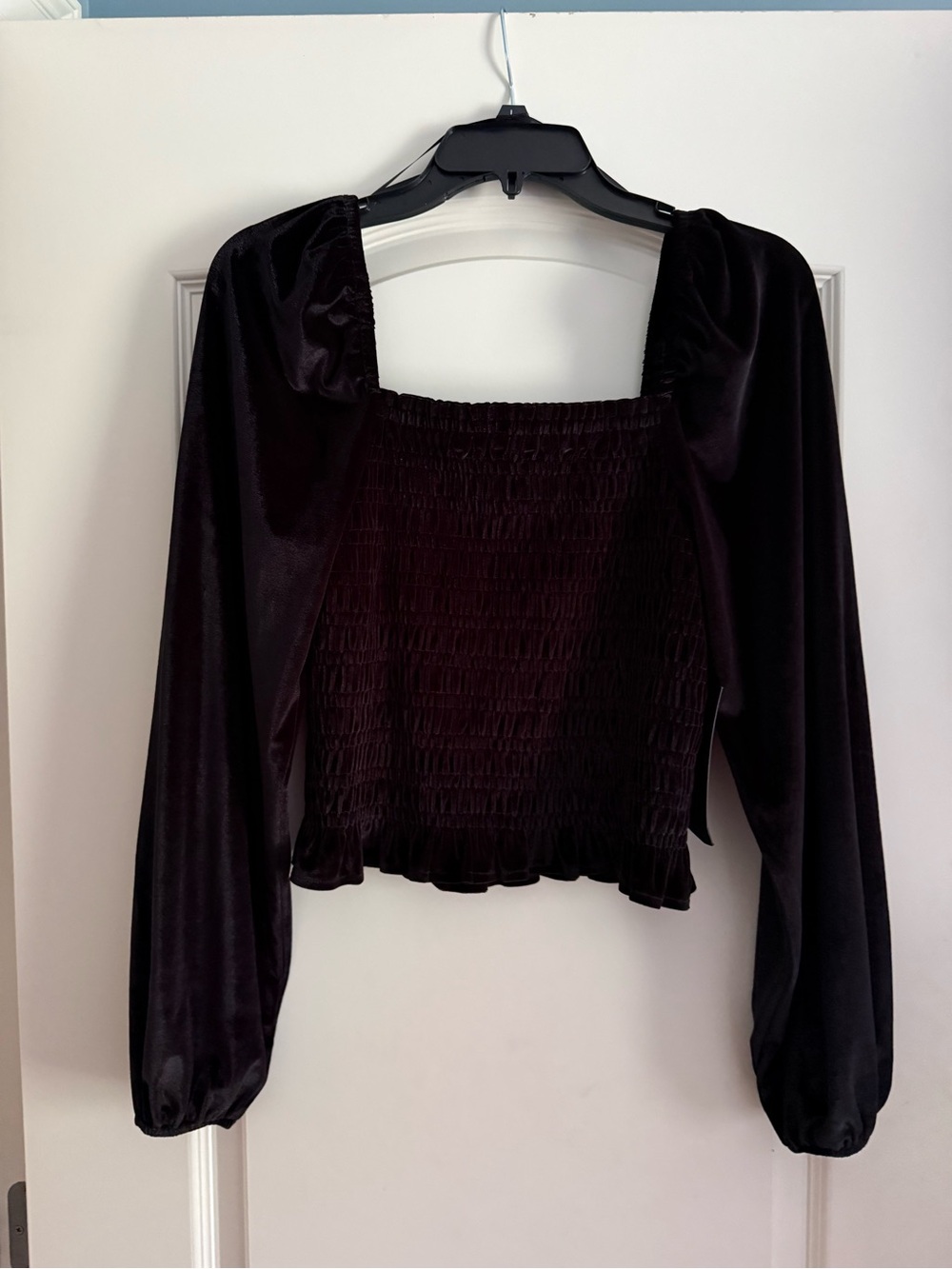 Black Velvet Smocked Square-Neck Blouse with Puff Sleeves